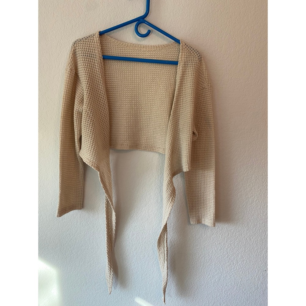 ROMWE Womens Cream Waffle Knit Balletcore Wrap Tie Crop Top Size S
